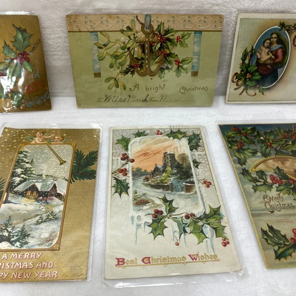 Lot of 8 Antique Early 1900's‎ Christmas Postcards In Protective Sleeves